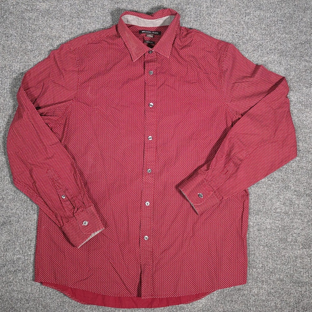 Michael Kors Mens Burgundy Polka Dot Long Sleeve Button Down Shirt Classic Fit L